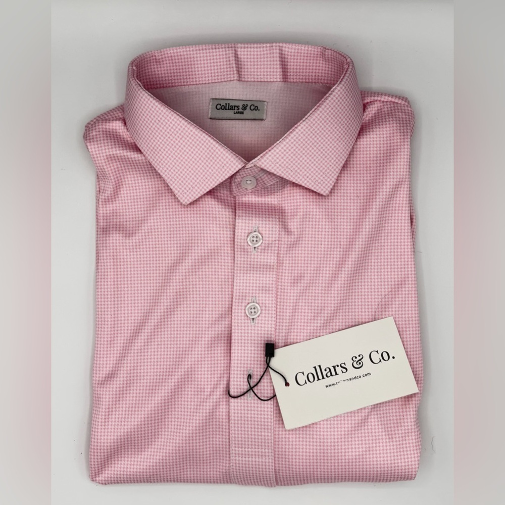 Collars & Co NWT Semi-Spread Collar Polo In Pink Houndstooth Print.  Size Large - Picture 8 of 16